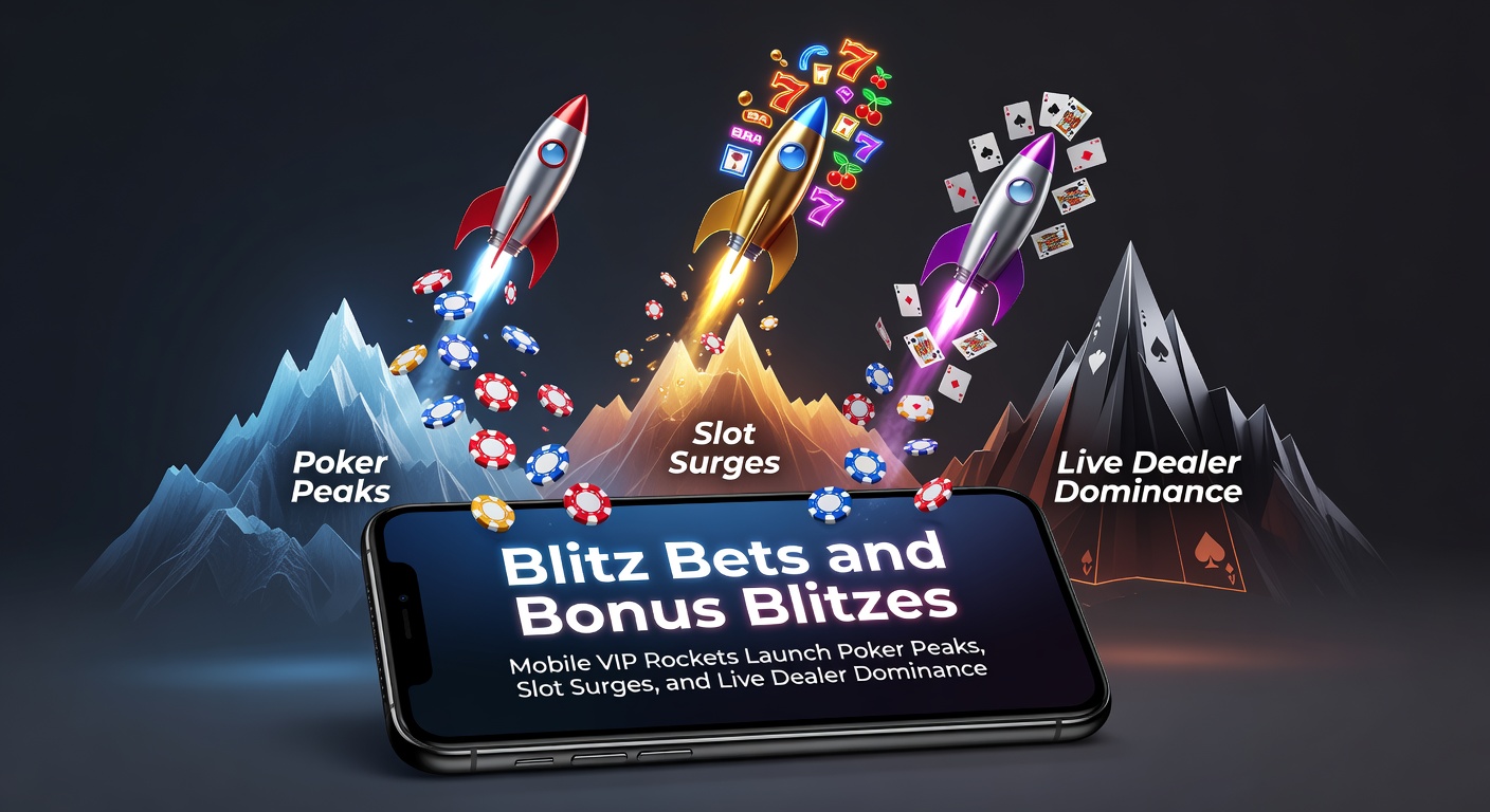 Dynamic mobile screen showing blitz bet action with poker hands, spinning slots, and live dealer tables under VIP rocket graphics