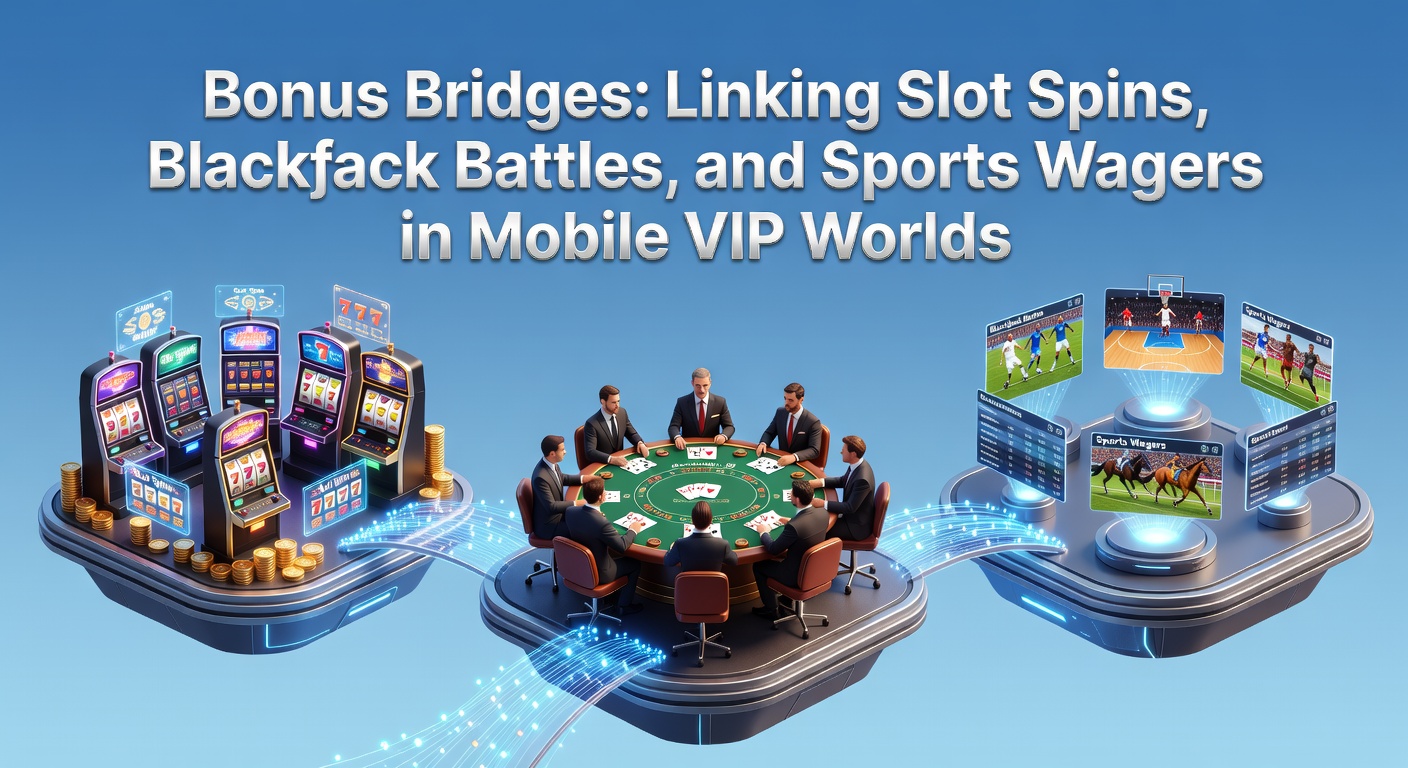 Vibrant mobile screen displaying interconnected casino games with glowing bonus icons linking slots, blackjack tables, and sports betting odds