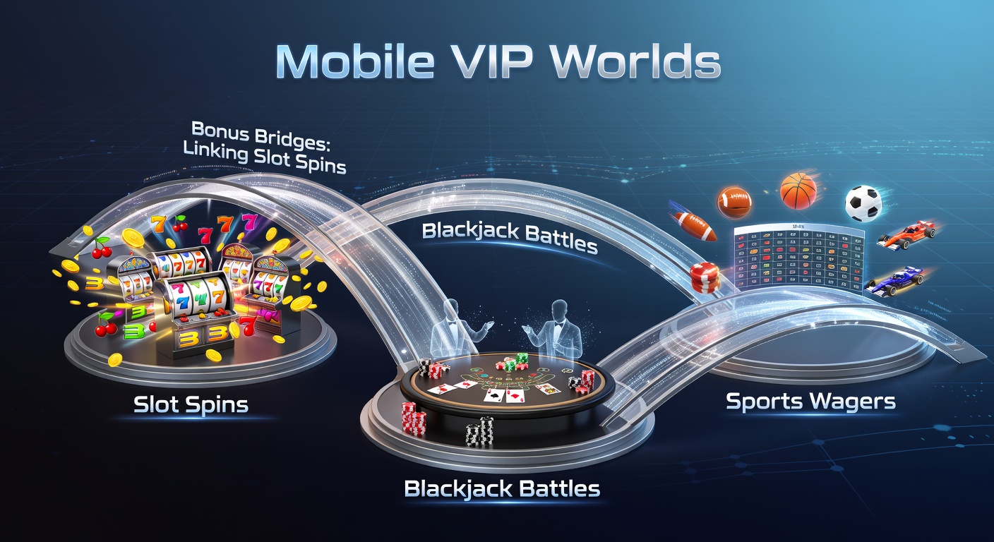 Dynamic graphic of a VIP mobile interface showing bonus pathways connecting slot reels, blackjack cards, and sports scoreboards with reward flows