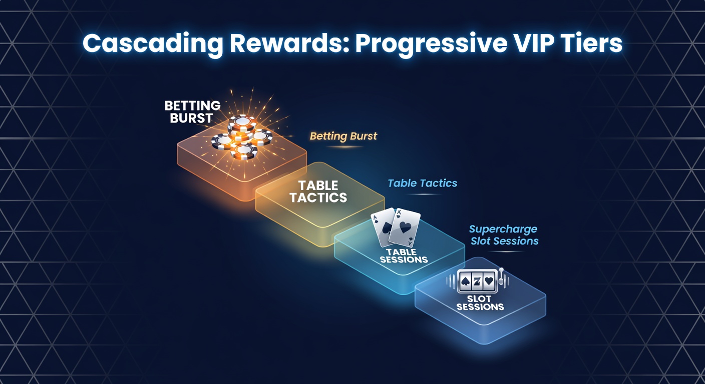 Dynamic illustration of VIP tier progression ladder with icons for slots, blackjack tables, and sports betting bursts on a smartphone app
