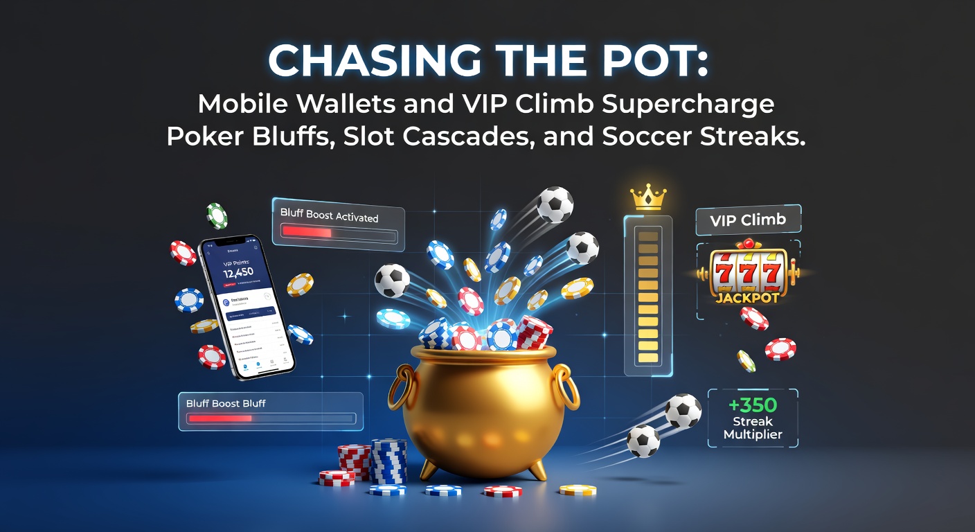 A vibrant digital wallet interface on a mobile screen, overlaid with poker chips, cascading slot symbols, and soccer balls in motion, illustrating seamless gaming transactions