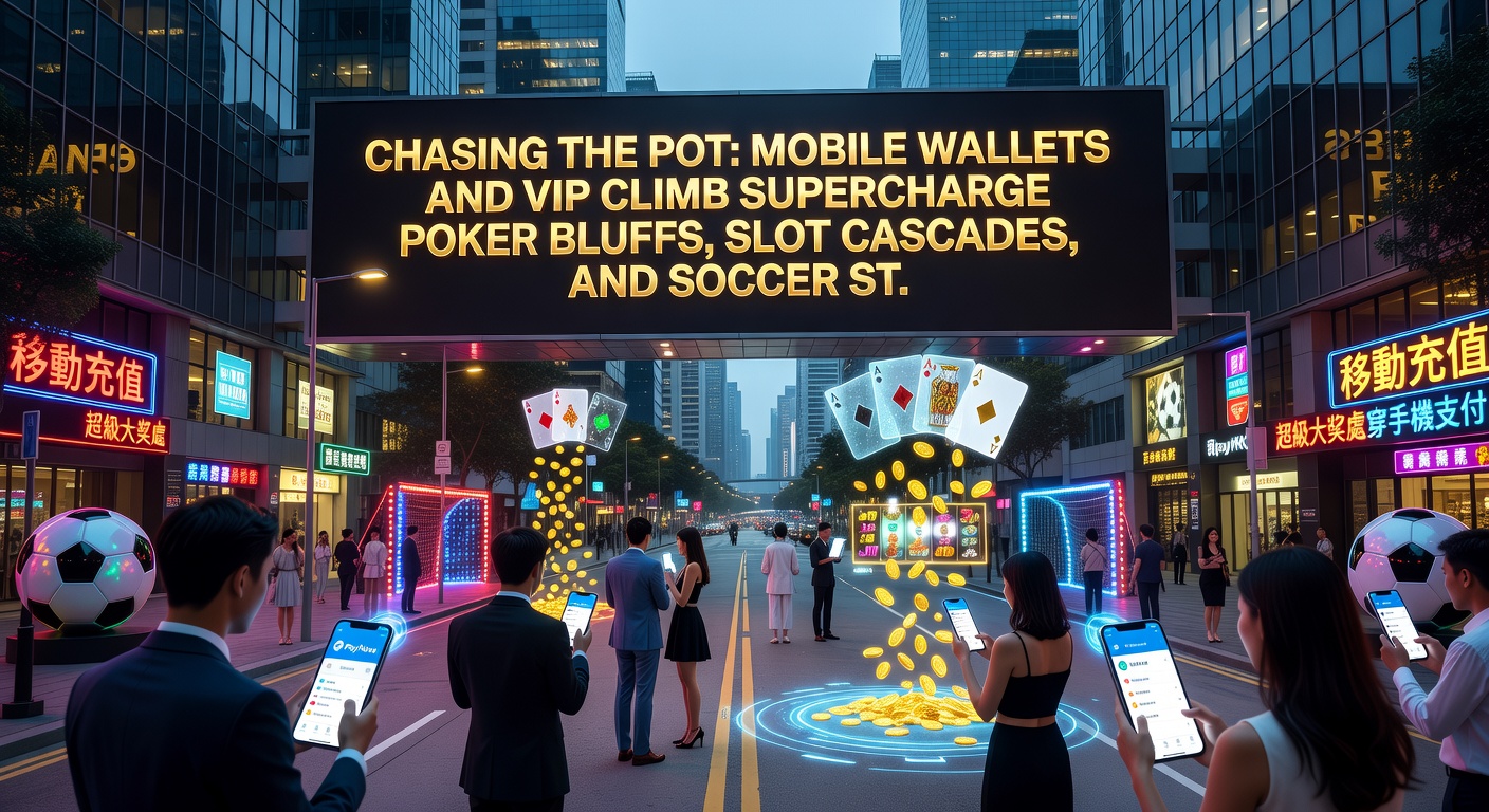 Dynamic split-view of a poker bluff showdown, exploding slot cascades with multipliers, and a soccer streak bet ticking up on a mobile app, connected by glowing wallet icons