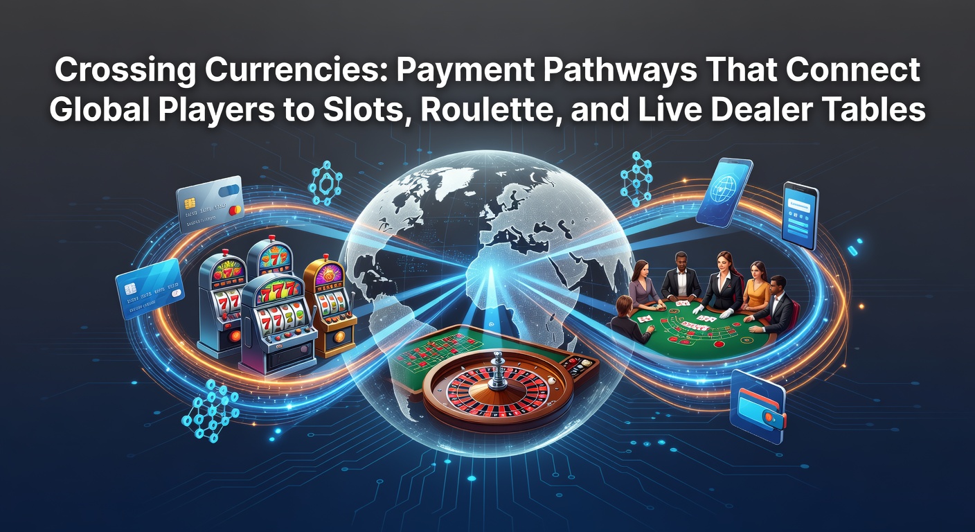 Digital globe with currency symbols flowing into casino game icons like slots and roulette wheels, illustrating global payment connections