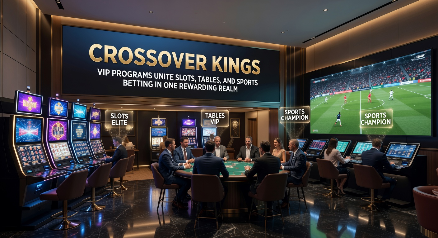 Vibrant casino floor showing slots, blackjack tables, and sports betting screens with VIP lounge access highlighted
