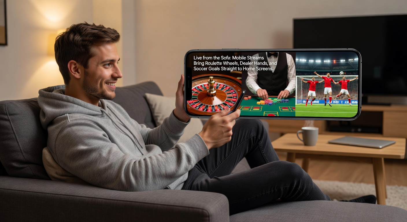 A mobile phone screen displaying a live roulette wheel spinning with a dealer interacting in real-time, set against a cozy living room background