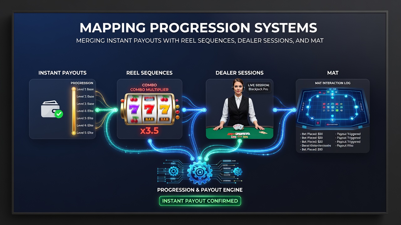Handheld screen showing progression map linking reel sequences, dealer sessions, and sports match forecasts with payout indicators