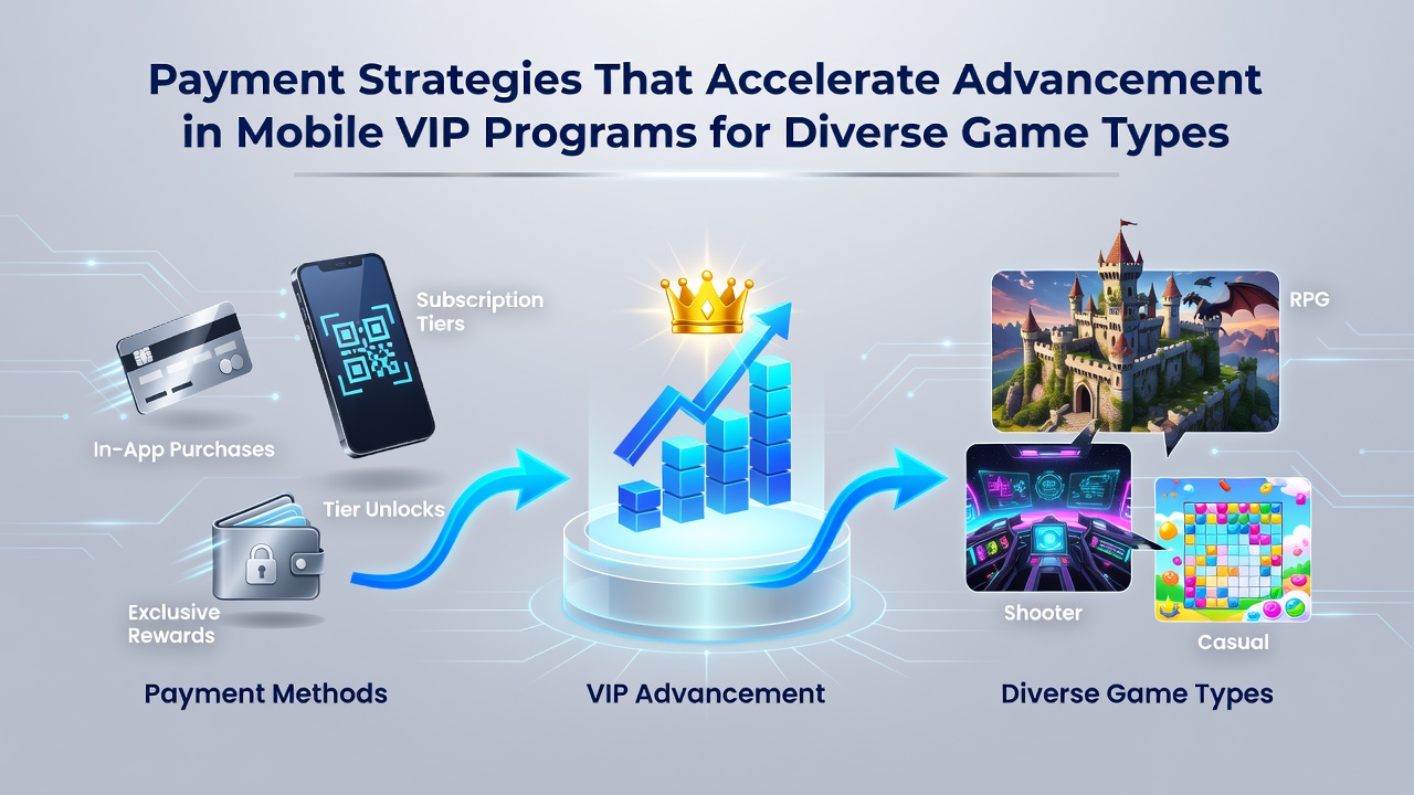 Mobile payment interfaces displayed on smartphones showing VIP progression indicators for slots and table games