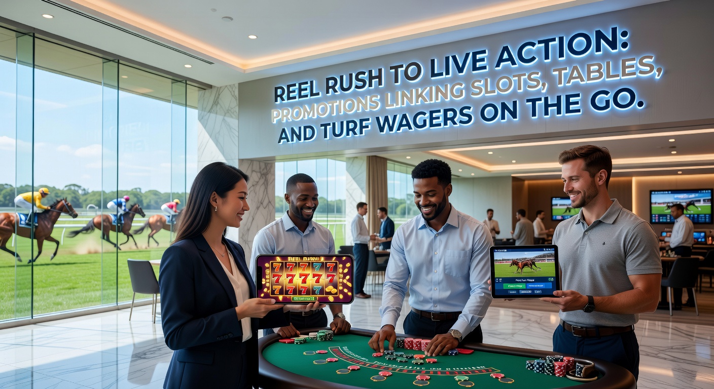 Mobile screen showing interconnected promotions for slots, blackjack tables, and horse racing wagers, with bonus icons linking the games