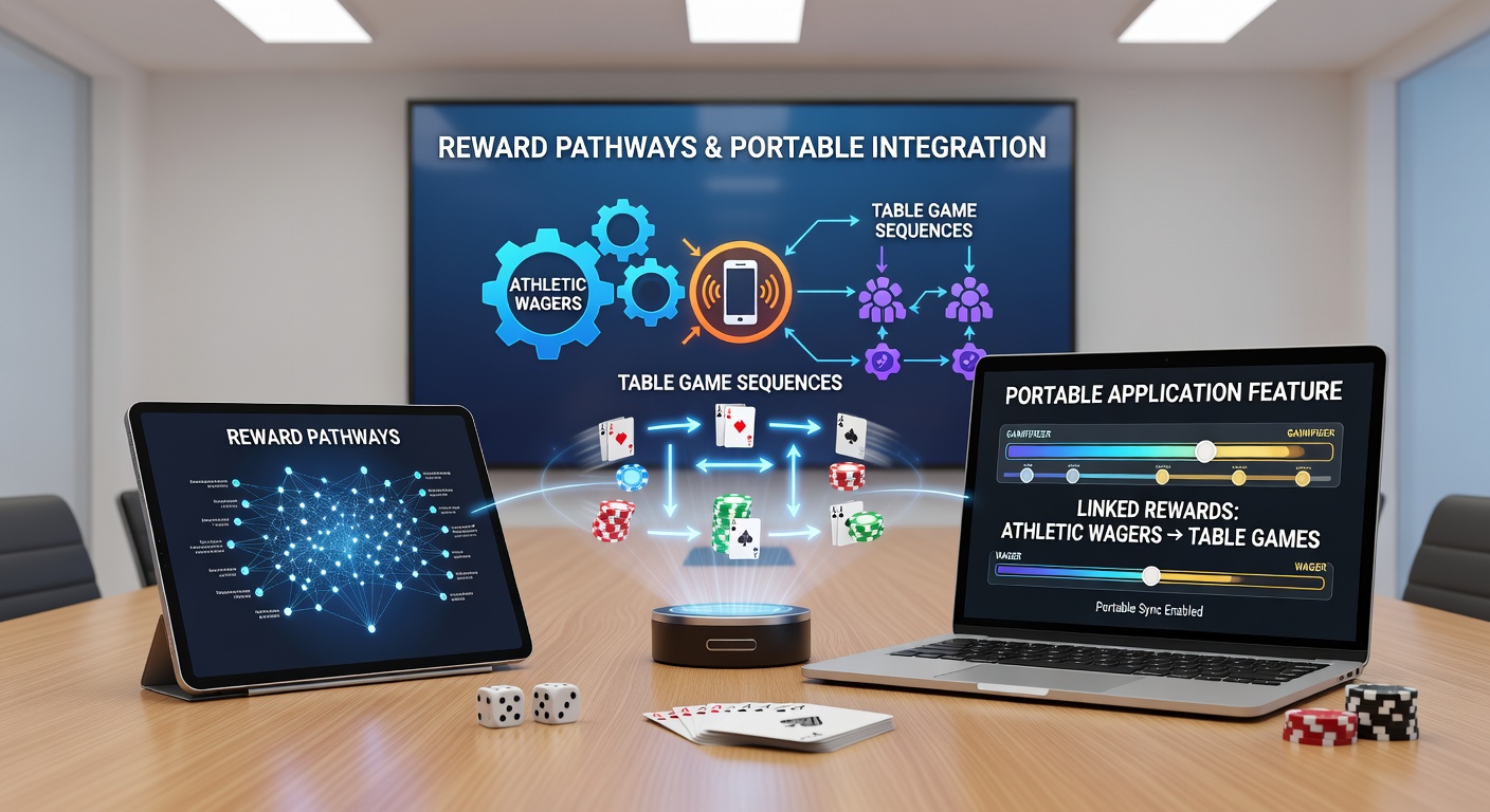 Dashboard view of a mobile gaming app displaying reward pathways from sports bets to table game sequences with progress indicators