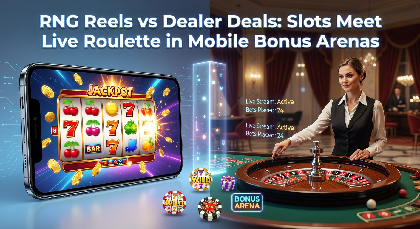 Vibrant mobile screen showing RNG slot reels spinning alongside a live roulette wheel with dealer, bonus icons flashing in a dynamic arena setup