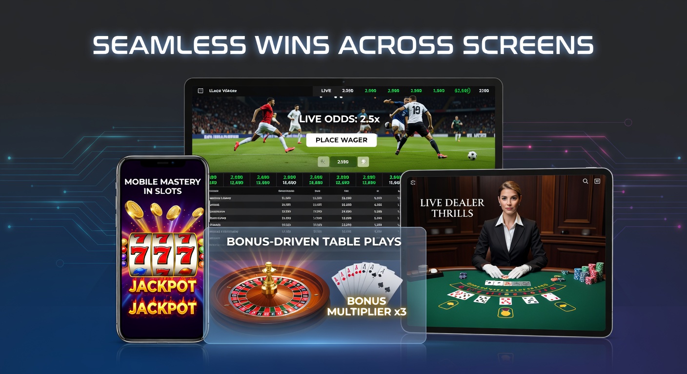 A vibrant mobile screen displaying slots, live roulette, sports odds, and table game bonuses in seamless play