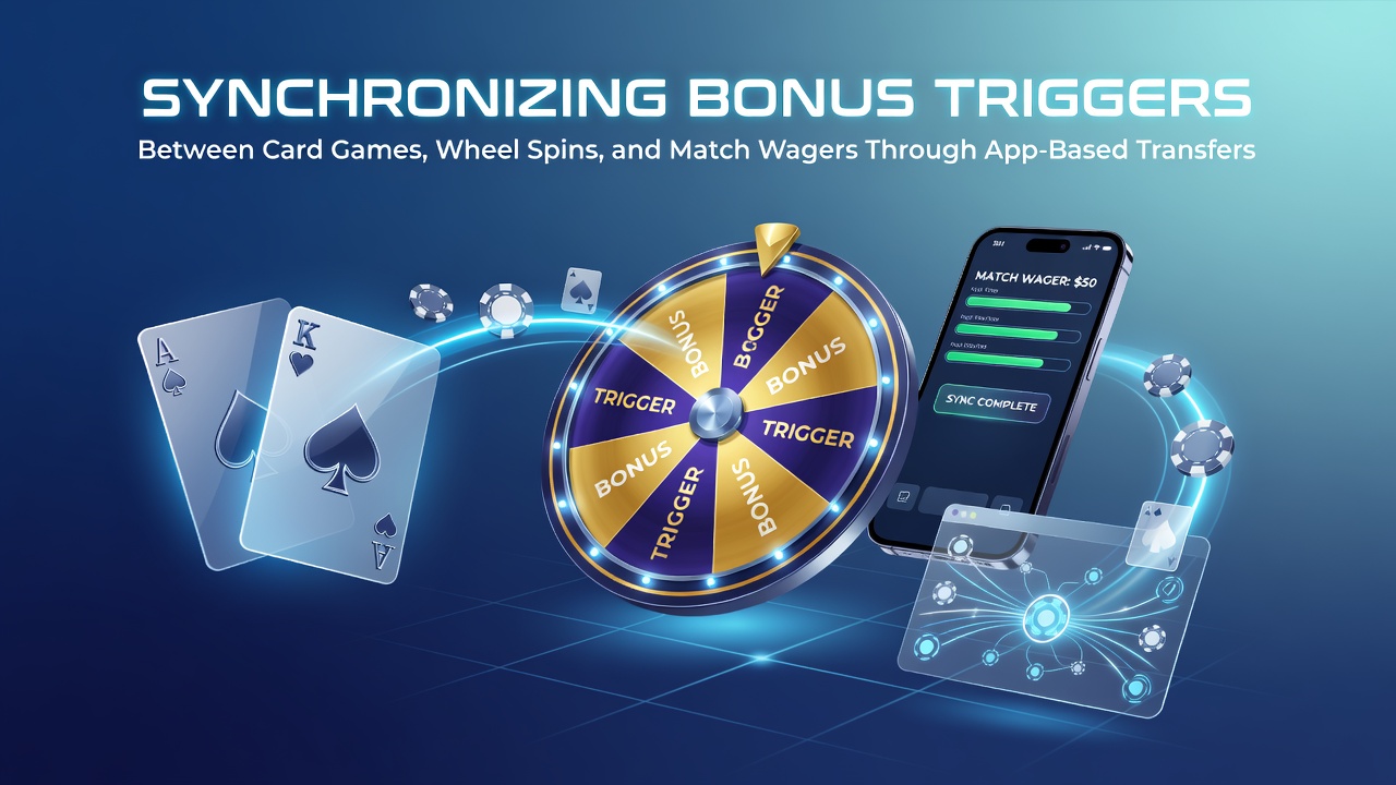 Mobile app interface displaying synchronized bonus triggers across card tables, spinning wheels, and sports match wagers