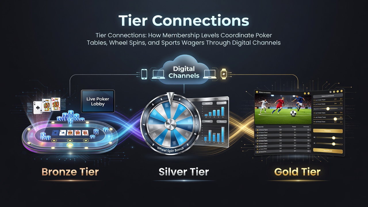 Digital interface showing connected membership tiers across poker tables, slot wheels, and sports betting dashboards