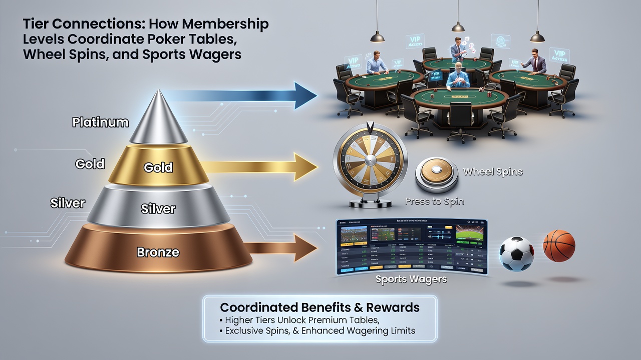 Mobile app screen displaying tier progress bar linking poker, slots, and live sports betting