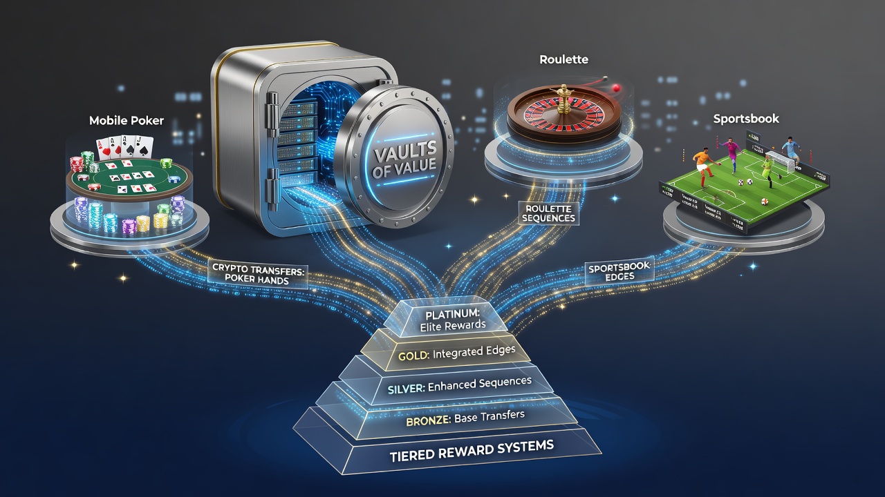 Blockchain visualization showing interconnected crypto transfers between poker apps, roulette tables, and sportsbook platforms in reward systems
